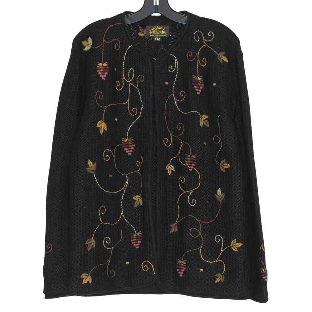 Vintage Cardigan Sweater Peruvian Alpaca Embroidered Grapevine Folk Black Large
